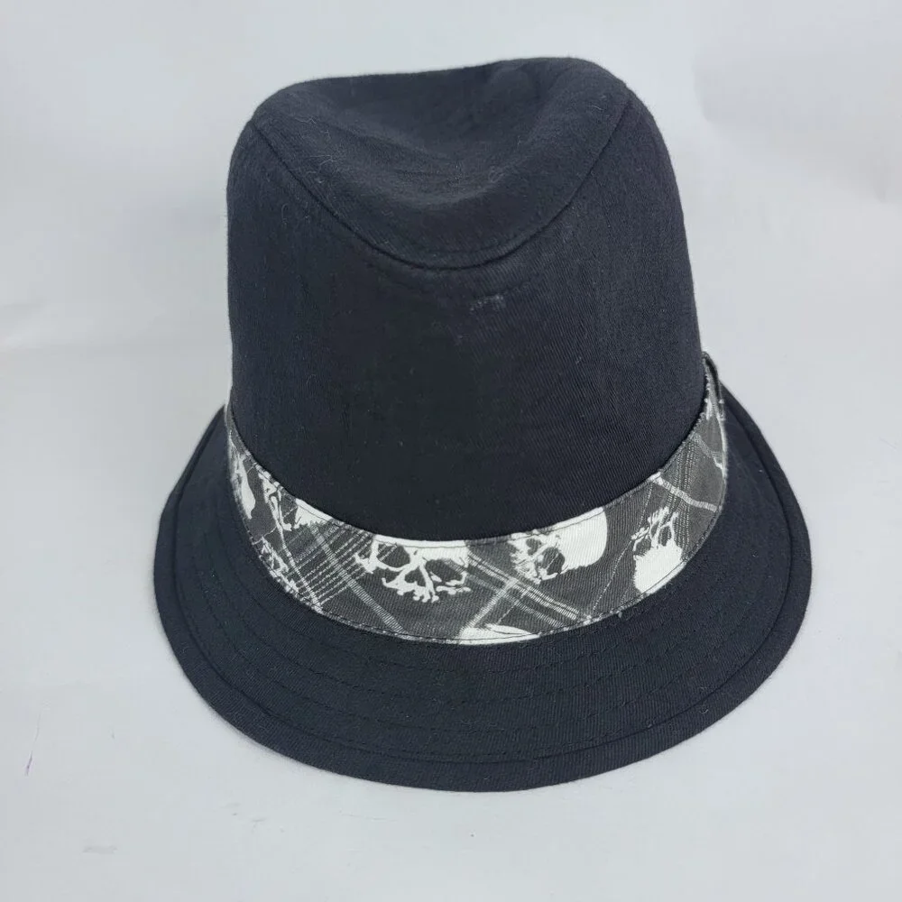 Mens Black Short‎ Brimmed Fedora Hat Cap Edgy Punk Skull Androgynous